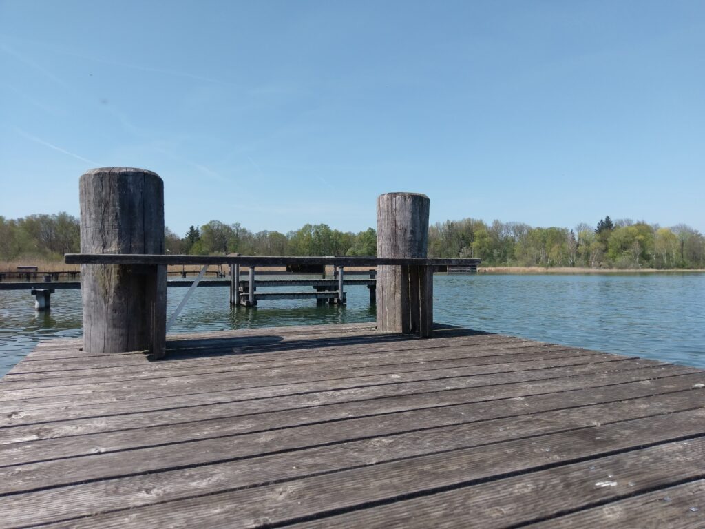 Herbstlicher Steg am Chiemsee, Waldspiegelung im Wasser